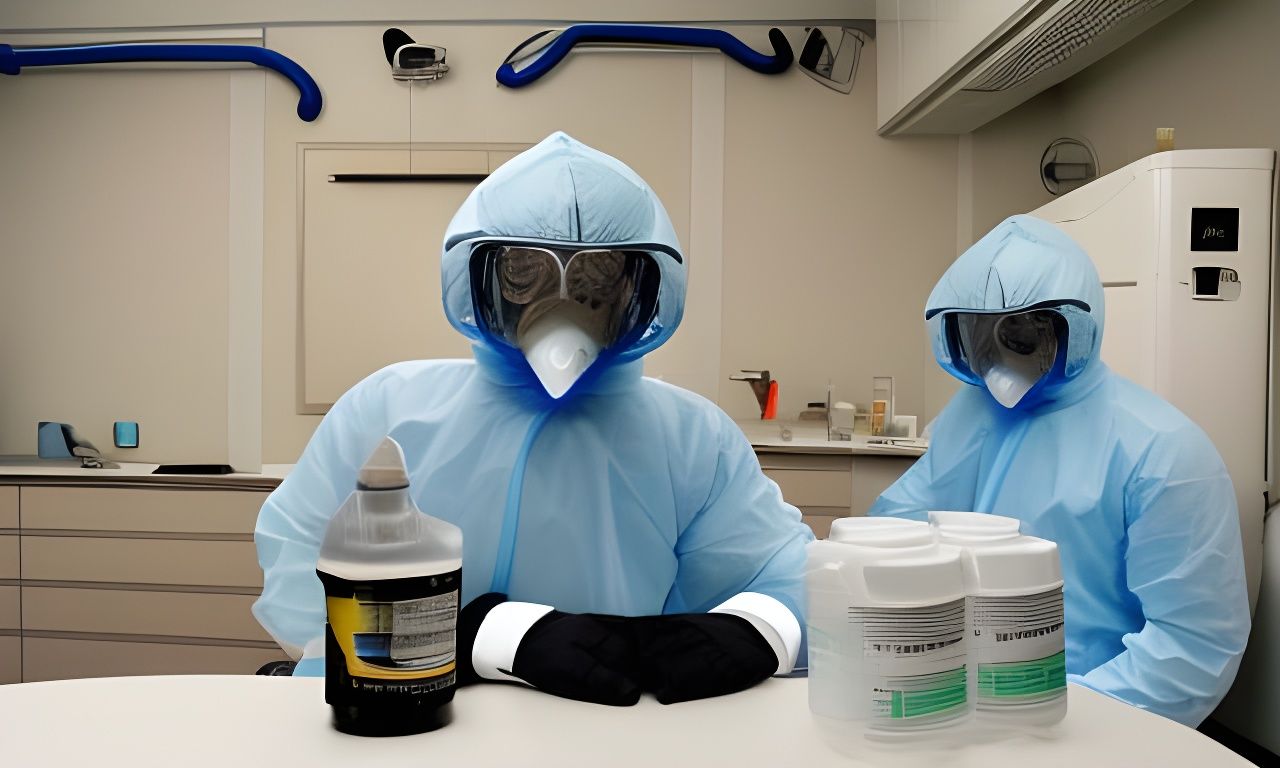 Lab, light blue biohazard suit, laboratory equpment