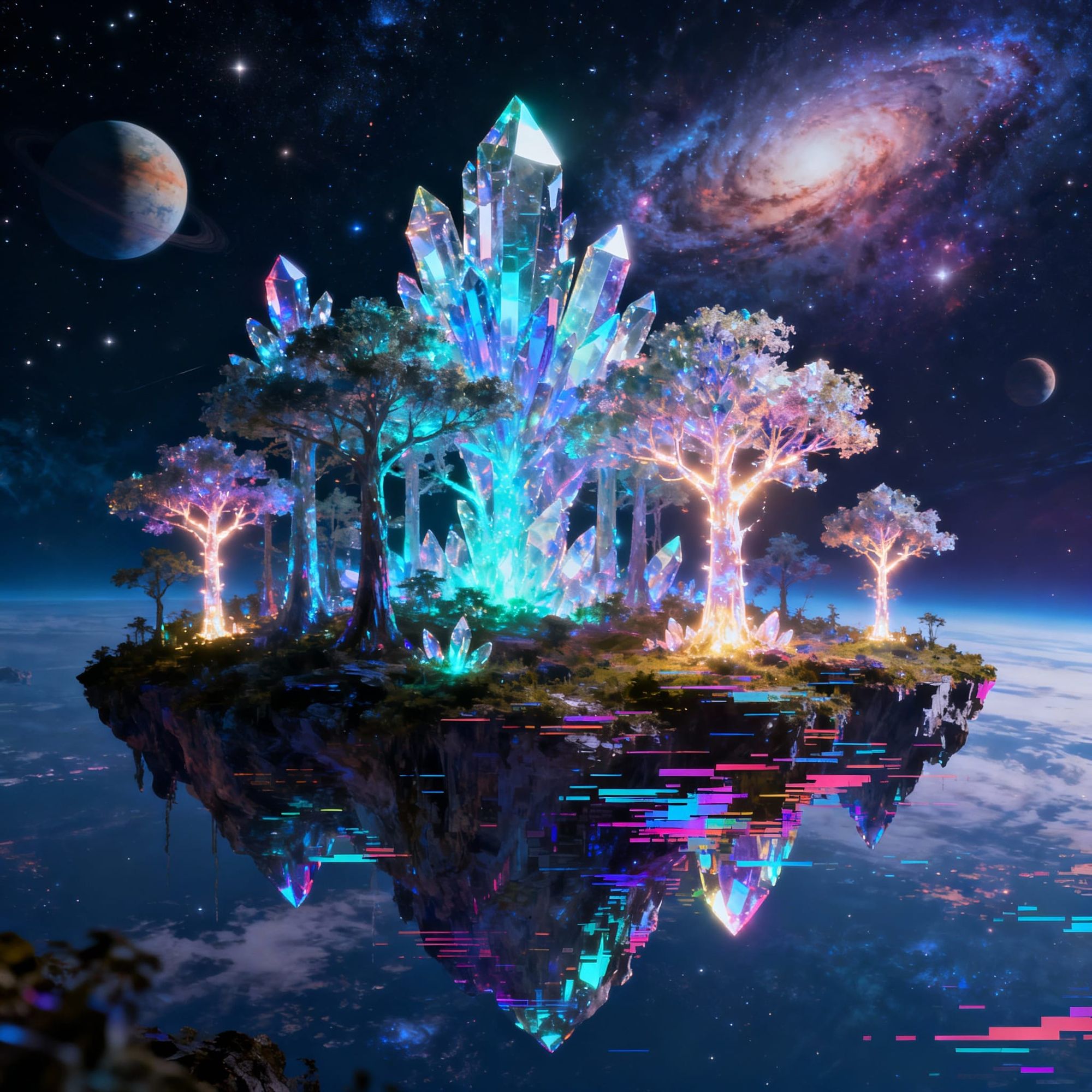 Photograph .Wide shot. A floating vibrant, otherworldly forest with trees made of bioluminescent crystalline structures and glowing trees, f...