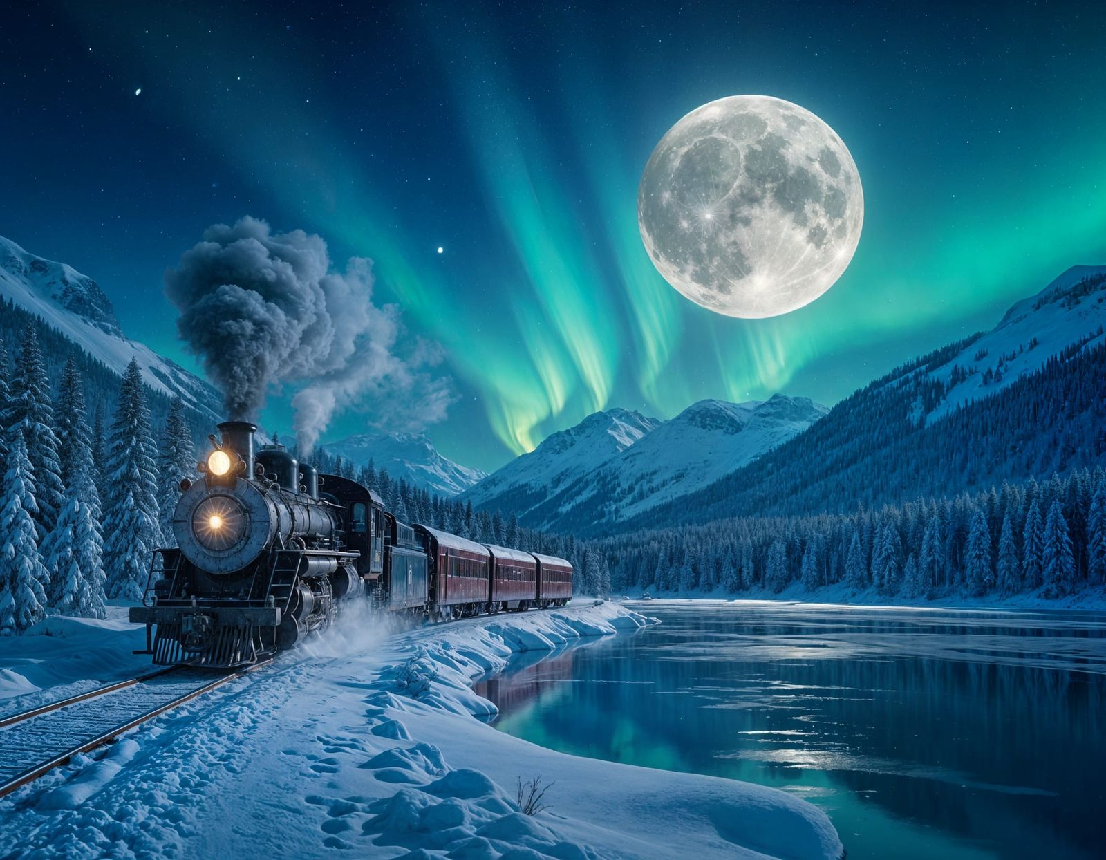 Antique Train in Snowy Mountains Under Aurora Borealis