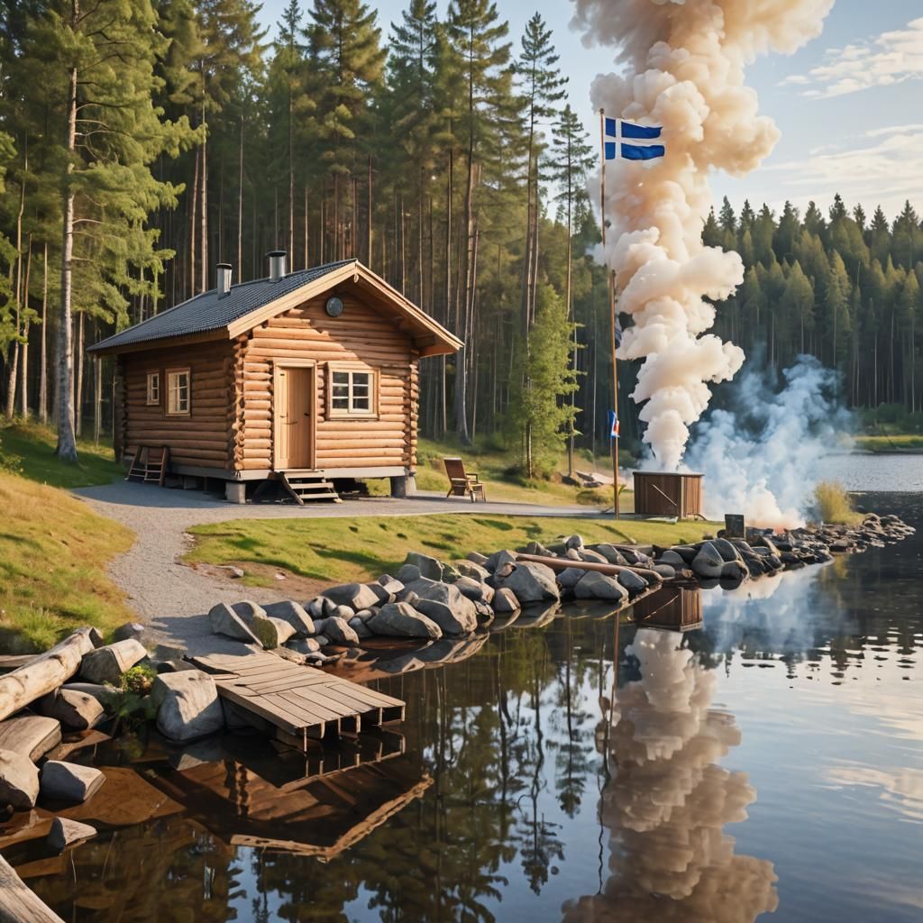 photograph taken by dslr camera finnish log sauna by a Cabin in the woods by a lakeside with a flagpole and a Finnish fl...