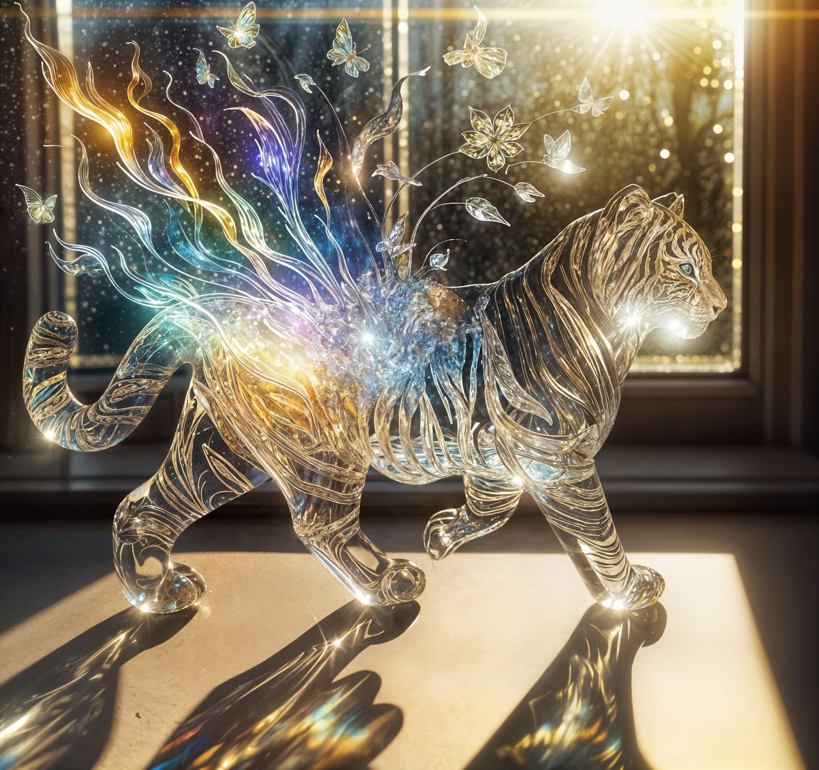 Glass Tiger Sculpture with Rainbow Shadows