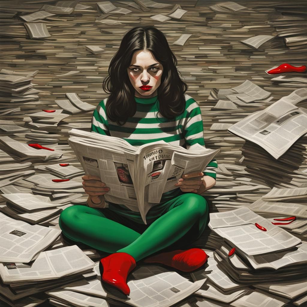 Girl surrounded by newspapers.