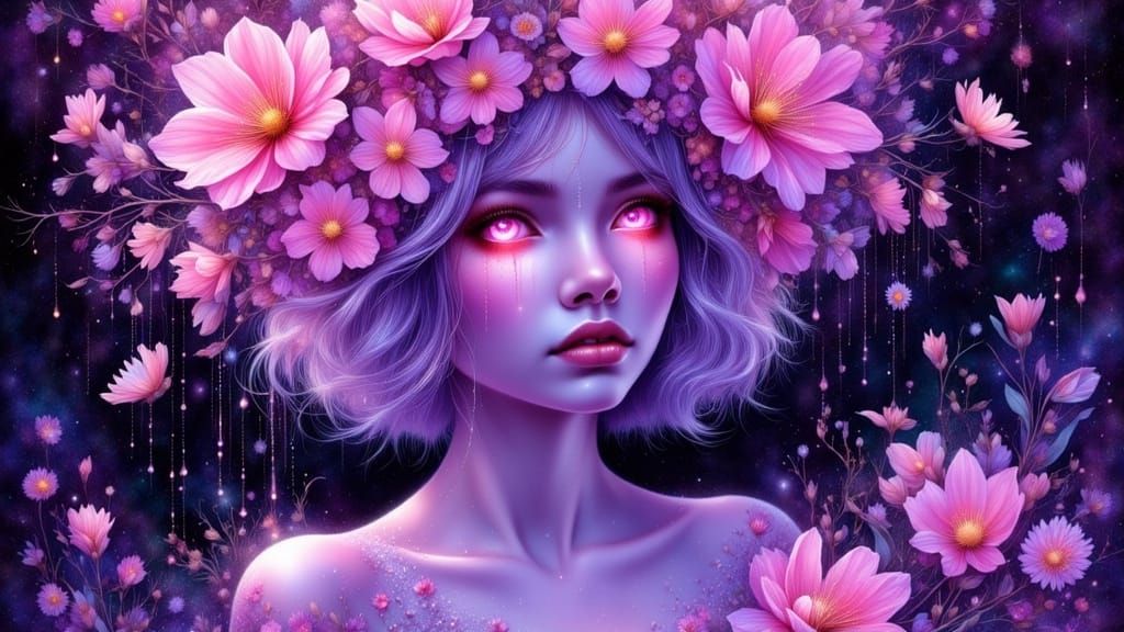 Ethereal Woman with Glowing Pink Flowers and Eyes