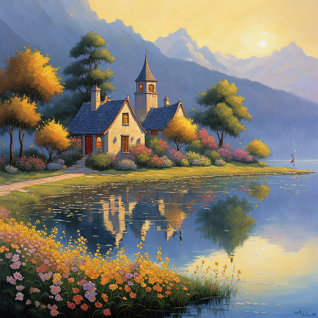 Dreamlike Lakeside Village in Golden Light