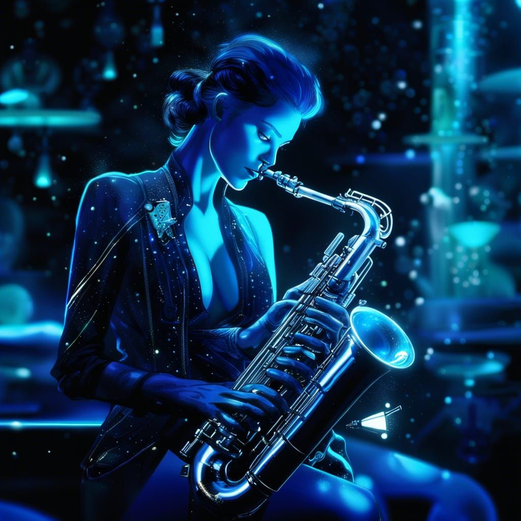 musician playing saxophone mixologist pin-up in bioluminesce...