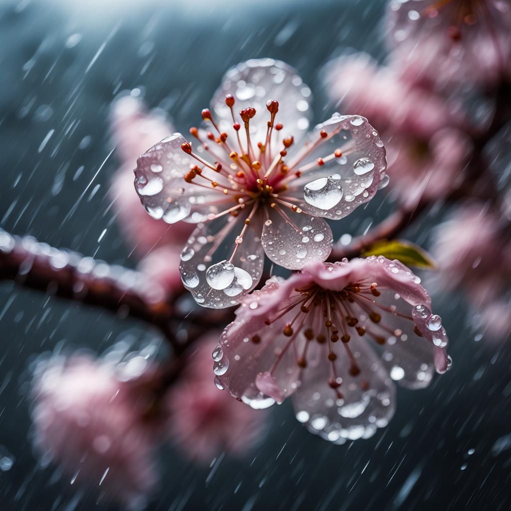 Close up look at a crystal cherry blossom flower in the rain