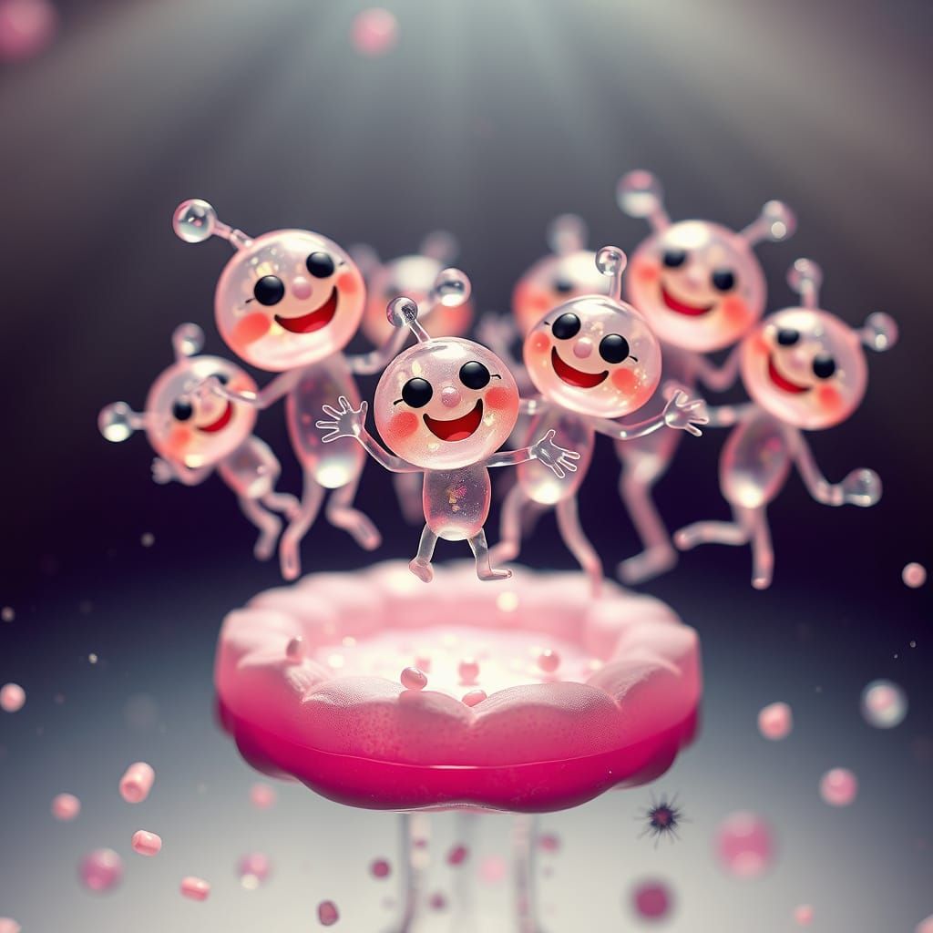  semi-transparent creatures looks like microbes and bacillus dansing across a petry dish under microscope,h...