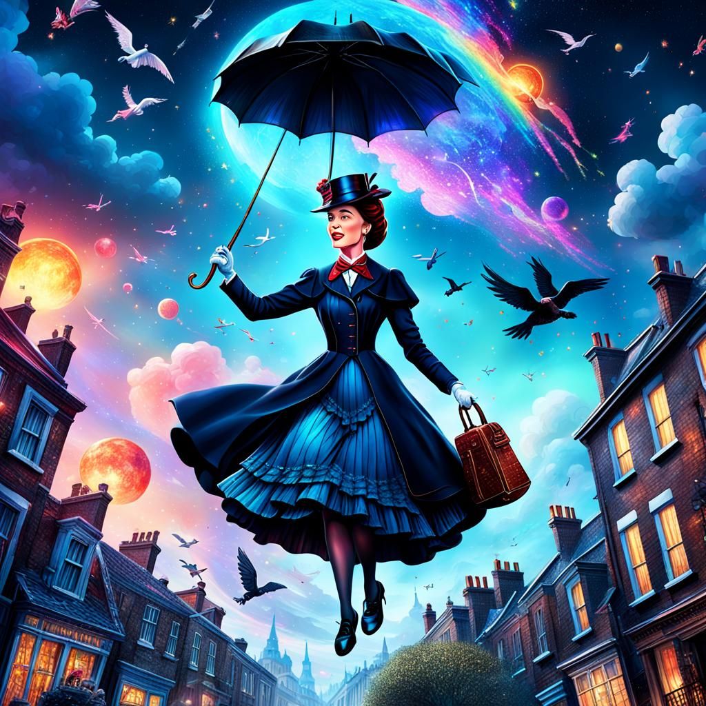 Mary Poppins gliding down from the sky.   by @Suz