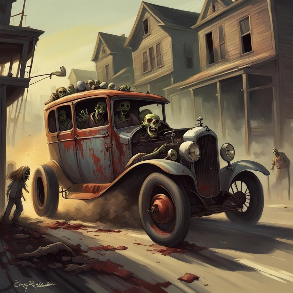 Zombie's drag racing in a broken down jalopy
