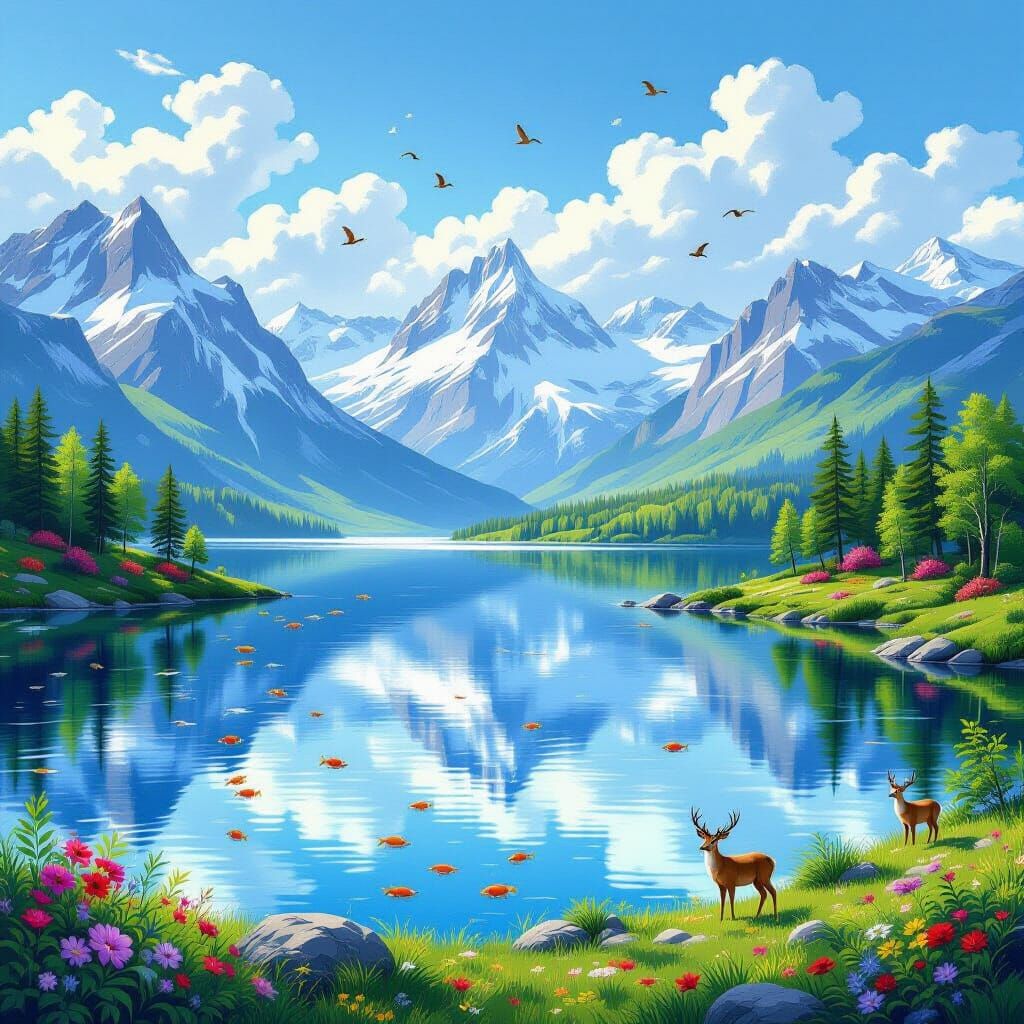 Dreamlike Mountain Lake Landscape Painting