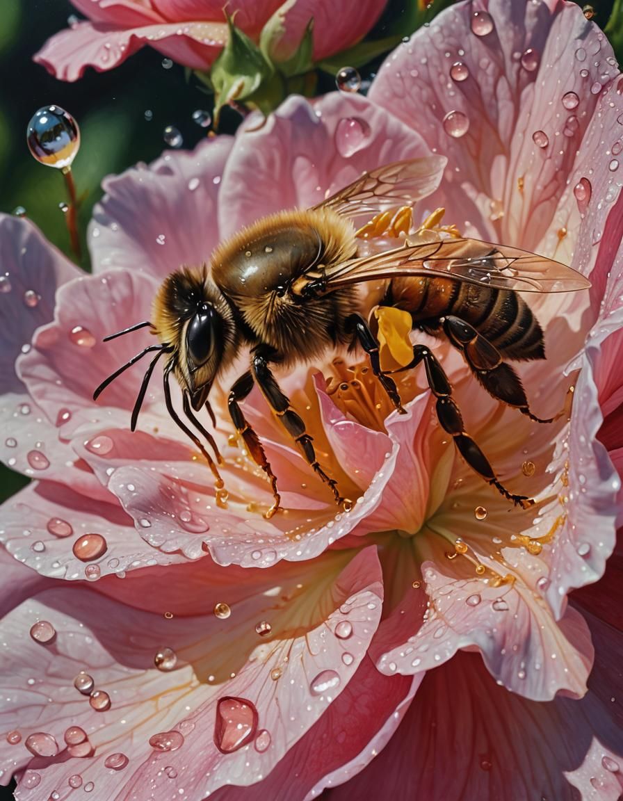 Honey bee on a pink rose