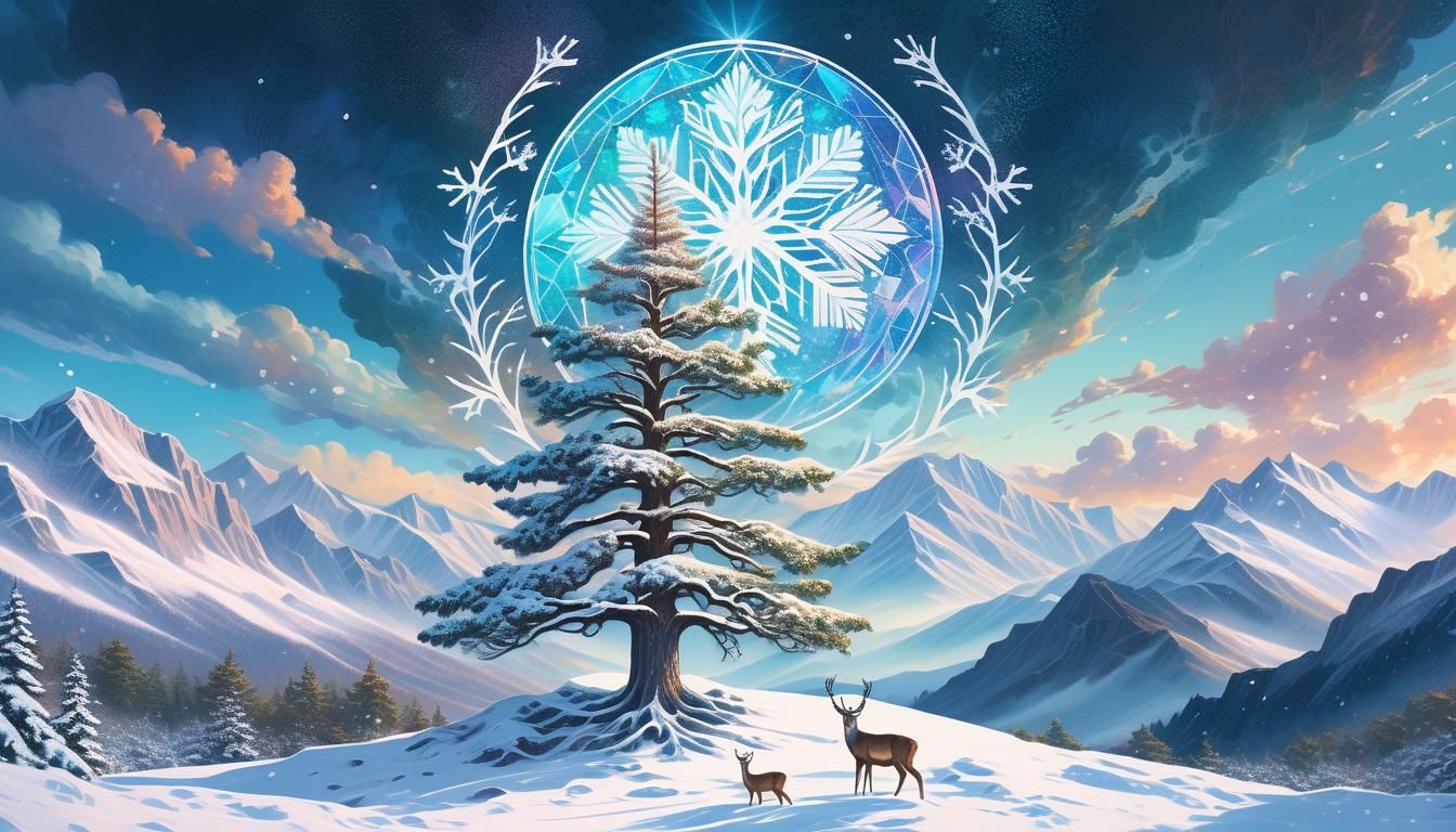 Snowy Mountain Scene with Deer in Astral Style