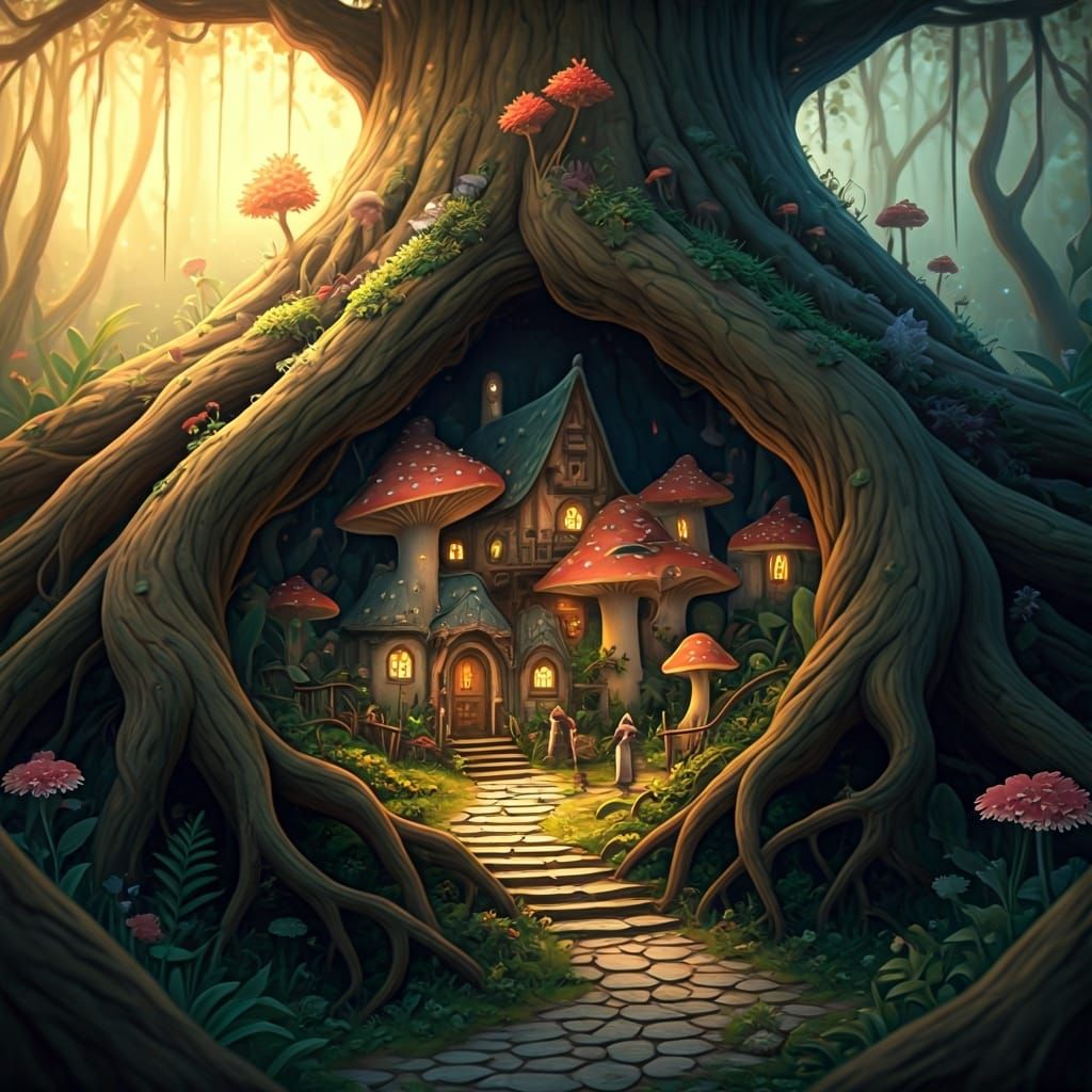 A quaint village nestled within the hollow of an ancient, gnarled tree, with tiny, mushroom-shaped houses ...  by @Wycca
