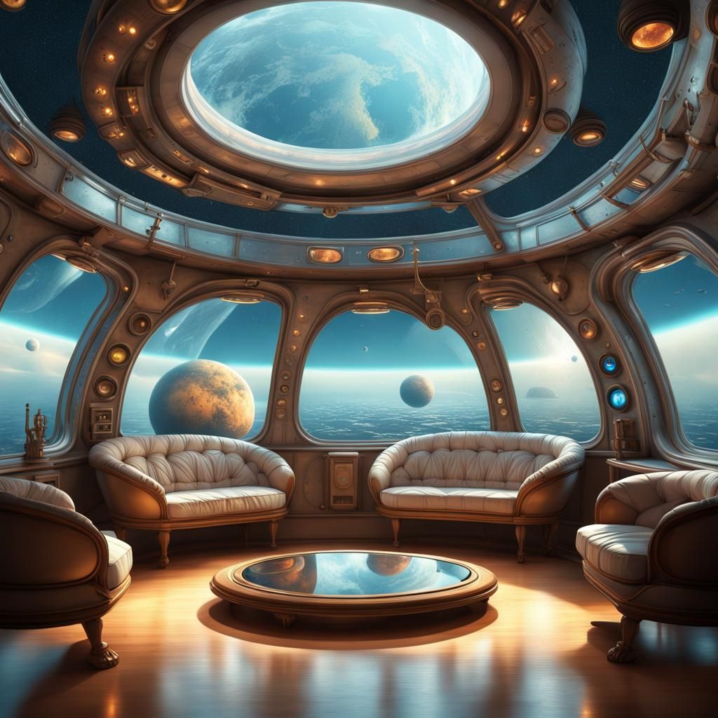 Interior of a spaceship/comfortable living room with portholes ...