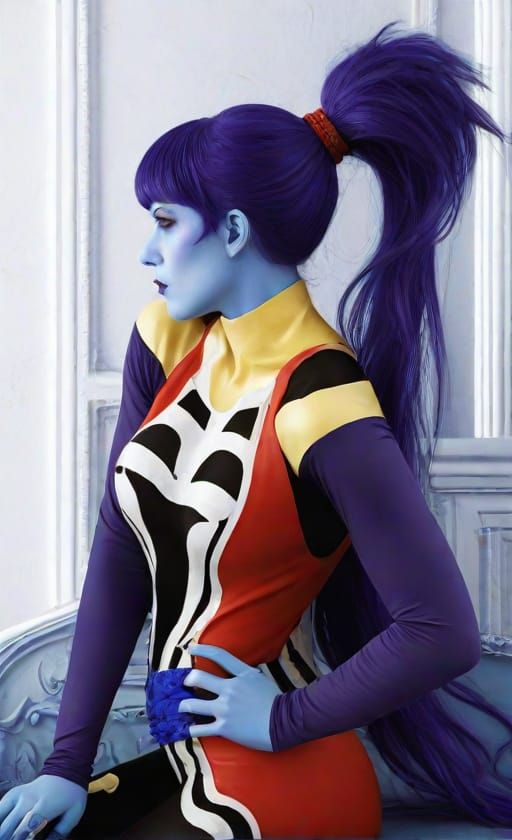 Dicasty1 inspired character omni queen Cerajillo inspired by dicasty1 Extremely hyperphotorealistic far away distance porcelain blue skinned...