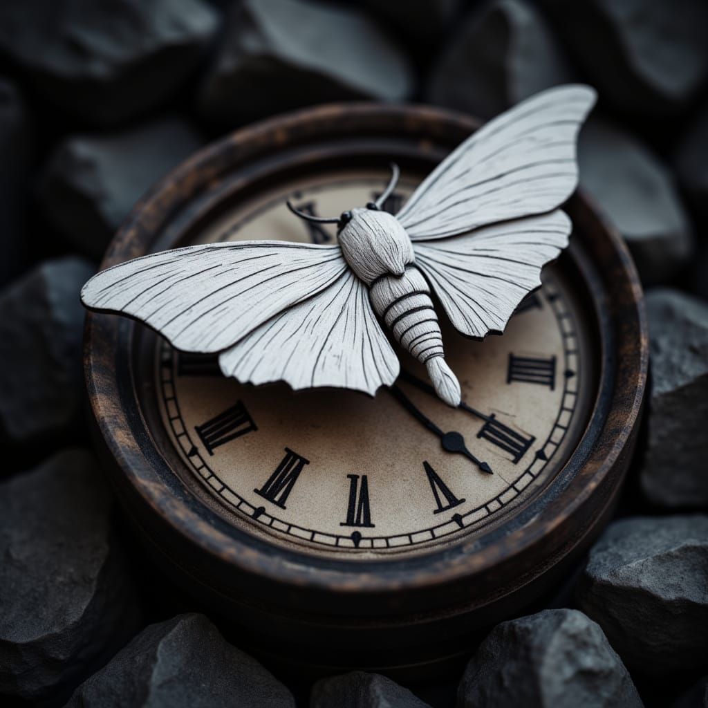 <lora:Macro Circuit Wash:1.0> A white moth sits atop an old clock face. The moth is crafted from wood, with intricate details. The dark bac...
