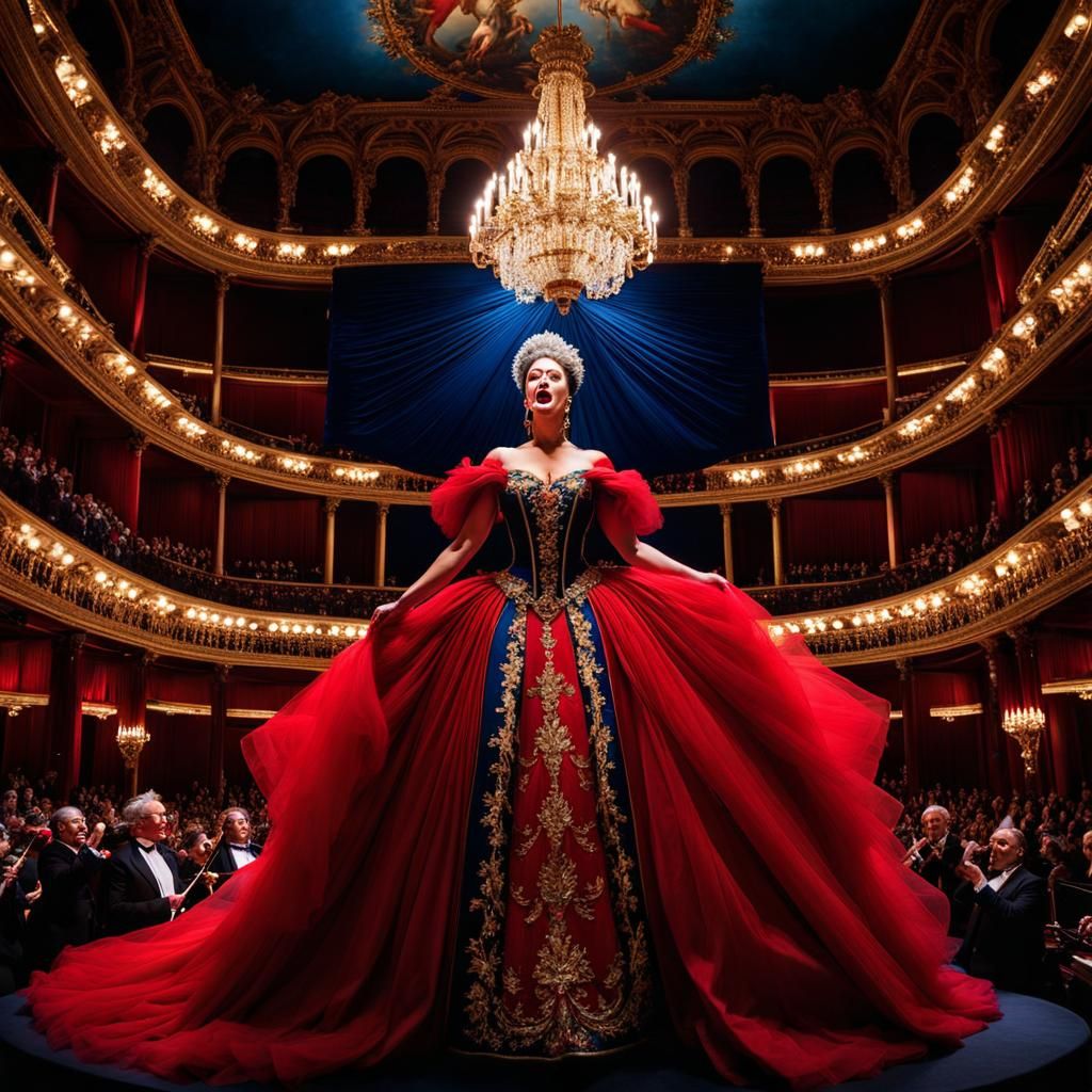 At the Paris opera,diva singing, Mozart's Queen of the Night/Chiaroscuro, spotlights, spectators in the ...  by @curiouscat 