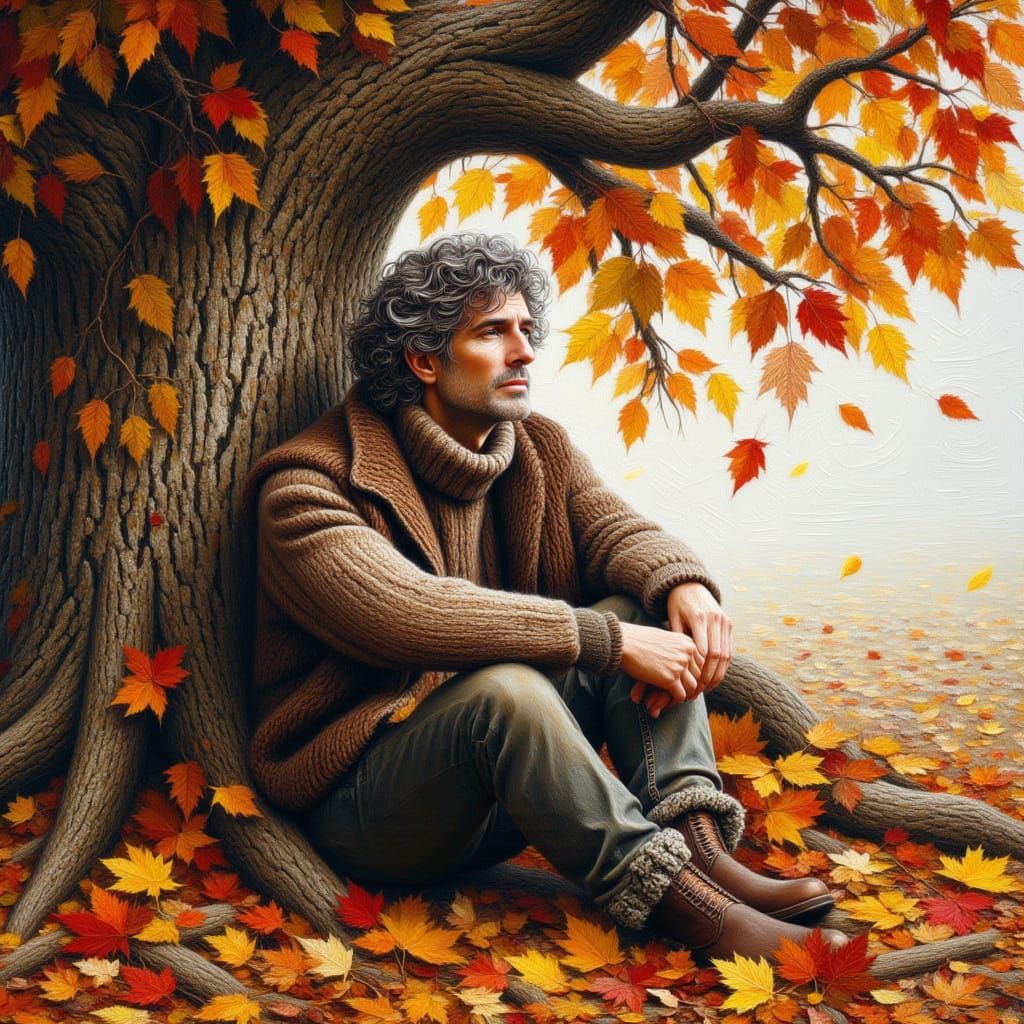 <lora:kak-Autumnal:1.0>Autumnal man sitting close to a tree