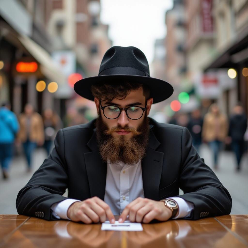 Orthodox Man Searching Under Table for Memory Card