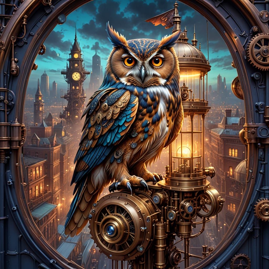 A majestic owl with clockwork gears