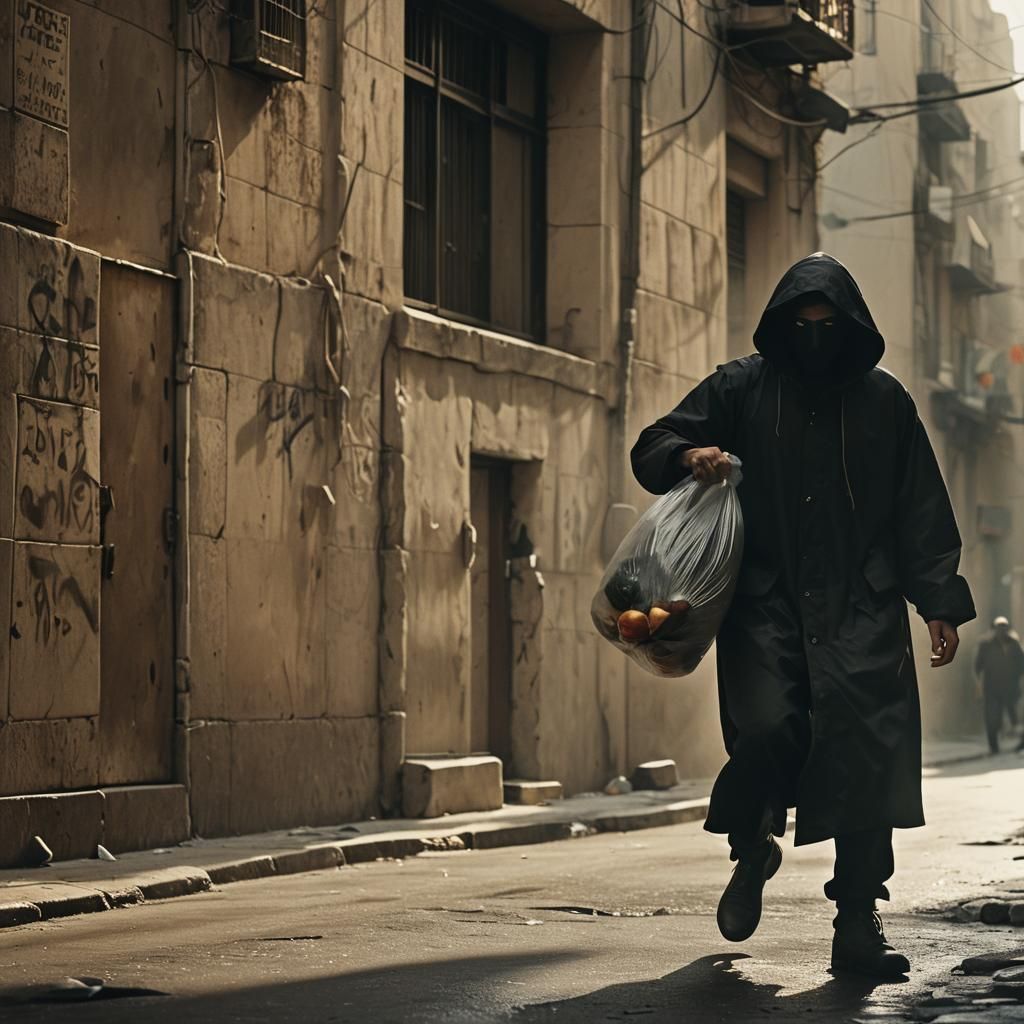 Gritty Film Noir: Hooded Figure in Cityscape