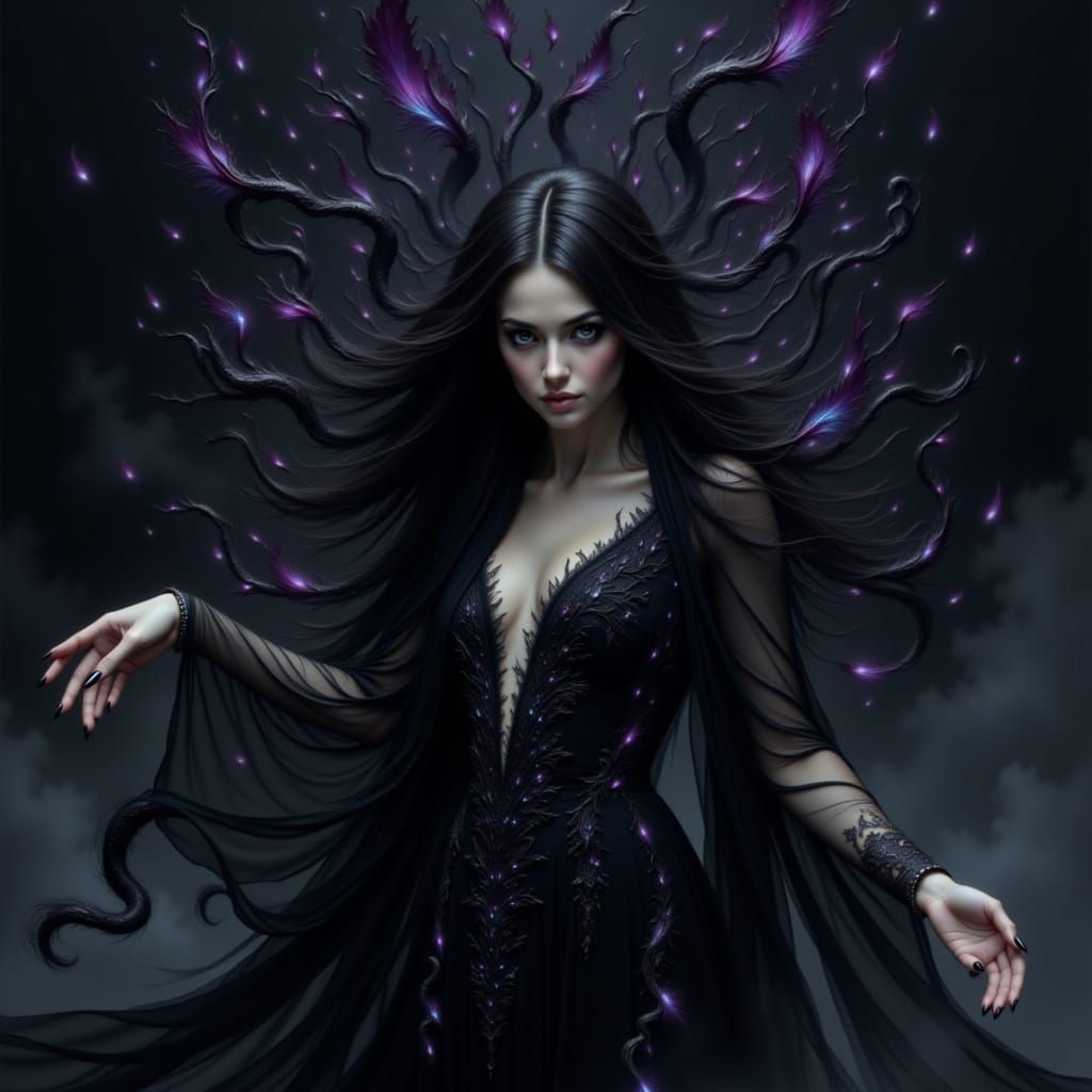 <lora:Beautiful Darkness:1.0> mistress of the darkness, beautiful and mystical, eyes are black as coal, a darkness surrounds her