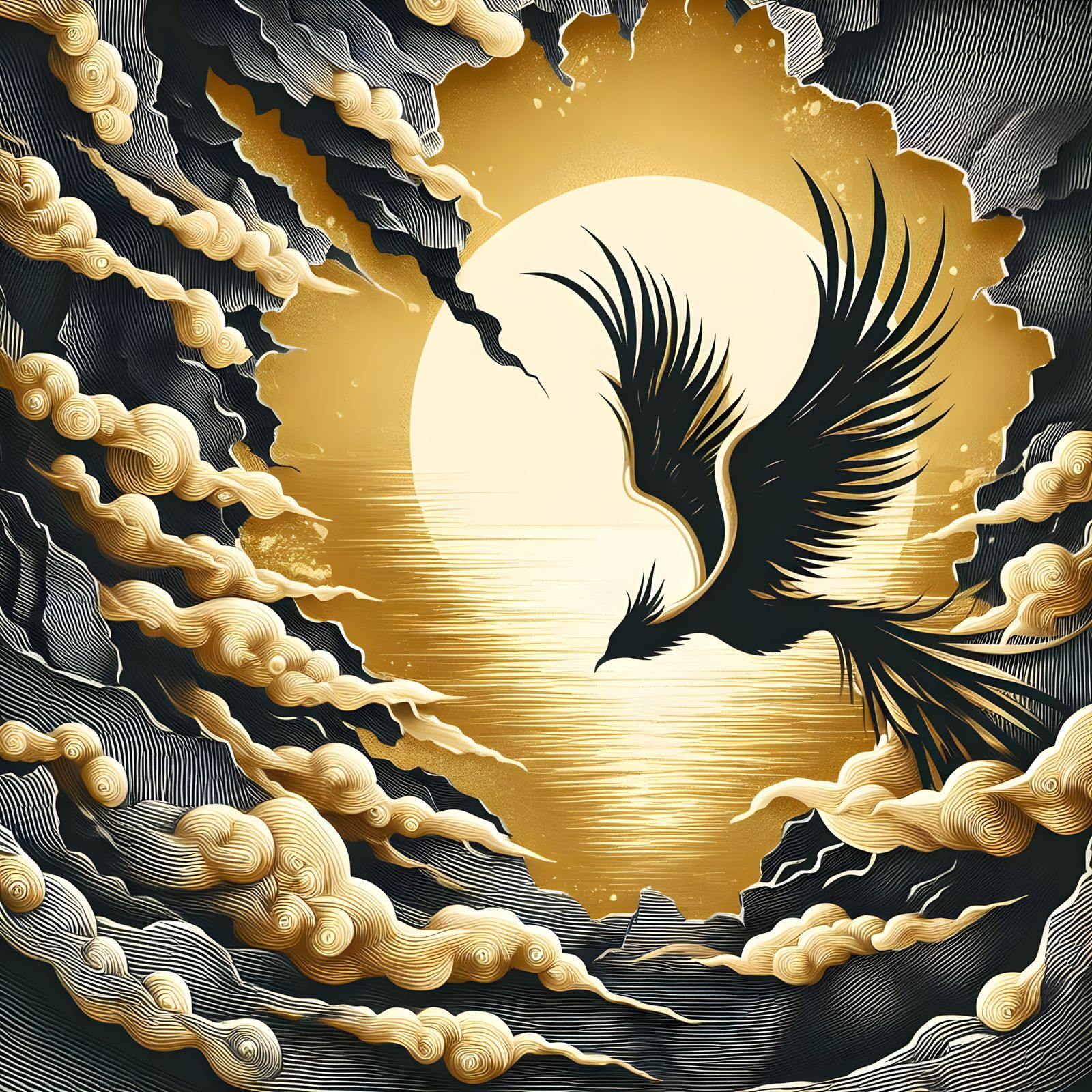 Torn Paper Phoenix in the Clouds