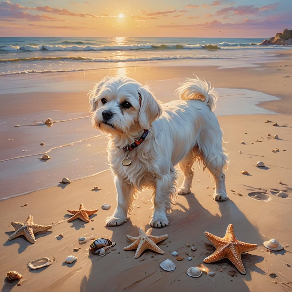 Snails and large shells on the sand, the water washing up the beach, the starfish on the water's edge. ...  by @Ann