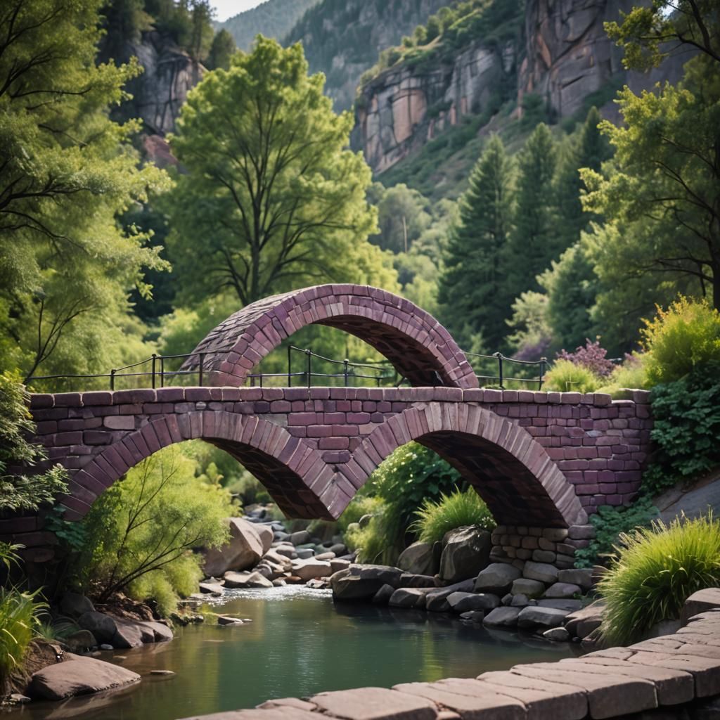 a beautiful, small arched brick bridge on an opposite mounta...