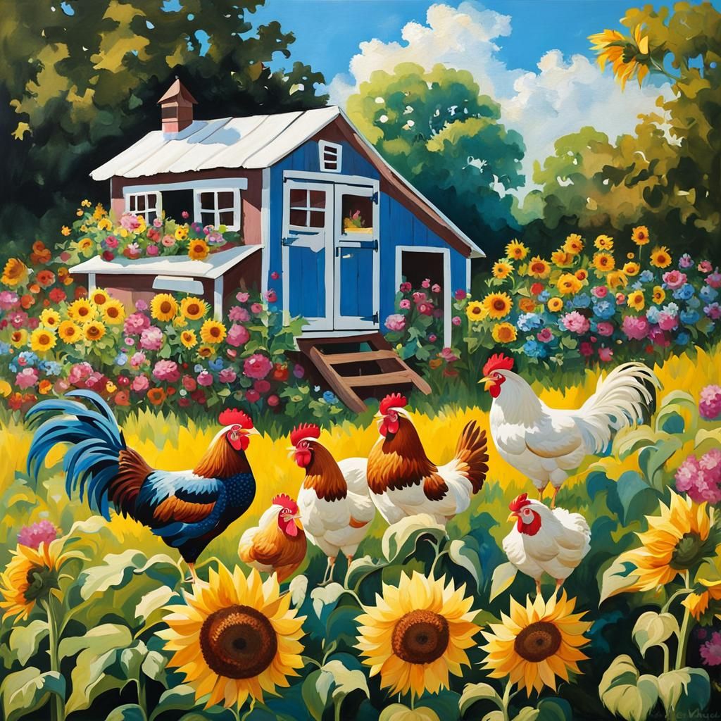 (old fashioned chicken coop, brown and white hens in front o...