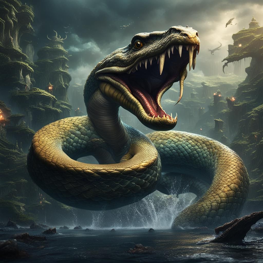 Biggest snake fight in dark waters
 detailed matte painting,...