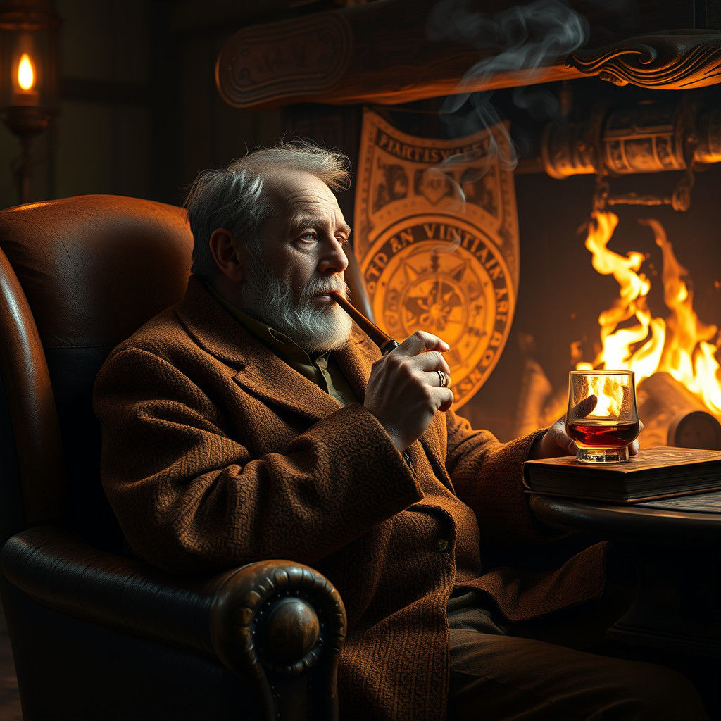 man smoking in old brown leather chair with whisky and fire