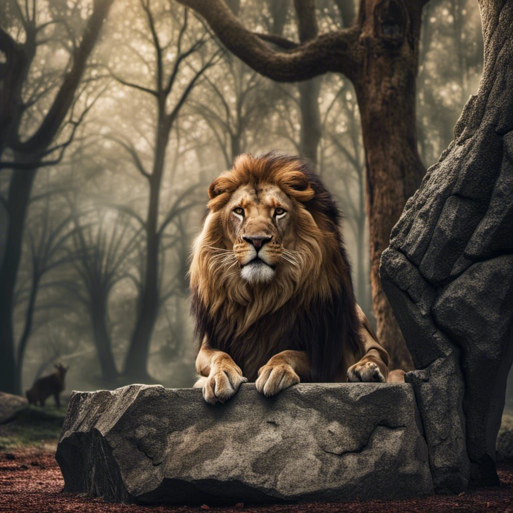 Aslan the lion in a forest roaring photo. Standing next to a...