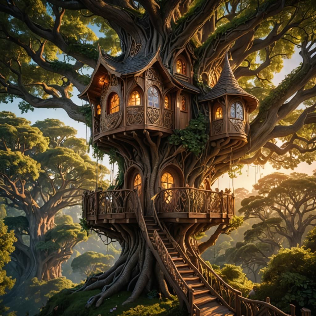 Magnificent elven home treehouse - AI Generated Artwork - NightCafe Creator