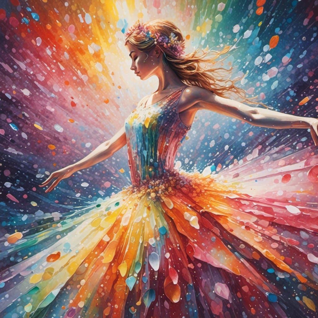 lora:eye:1.0> watercolor pirouette beautiful young close up view of  crossdresser ballerina wearing a rainbow dress made of ice crystals on... -  AI Generated Artwork - NightCafe Creator