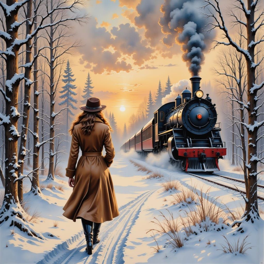 <lora:Dreamshaper XL Flux:1.0> portrait mediun shot, a stunning woman walking towards a steam train passing through a snowy forest. Winter. ...