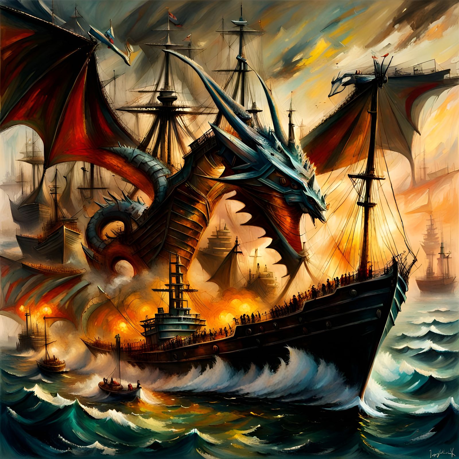 Dragon attacking a fleet of ships