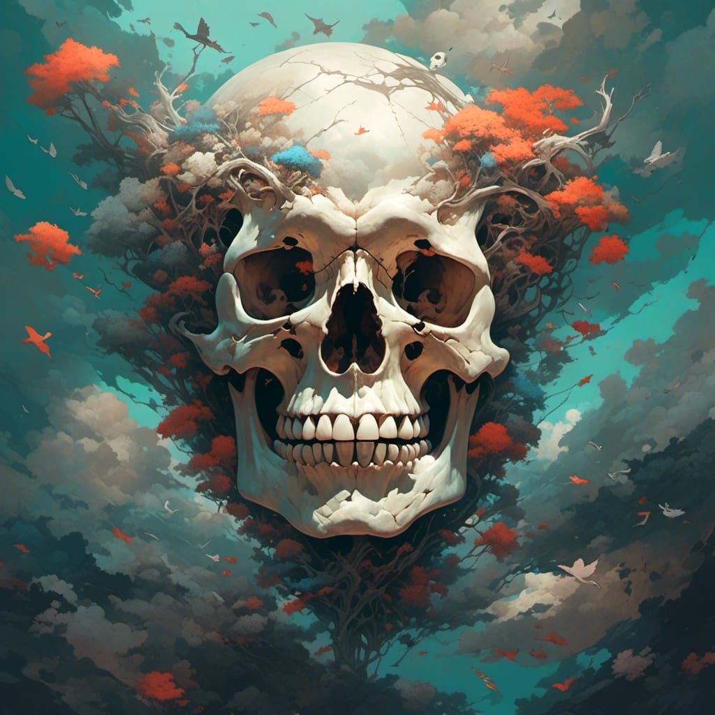 A floating skull rebuilding it's body with evil  energy some...