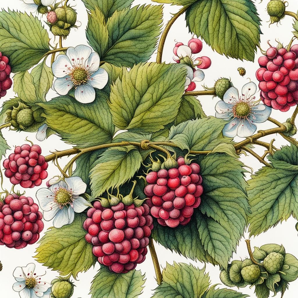 colorful botanical ink drawing of a raspberry with blossoms and berry  by @Deirdre_S