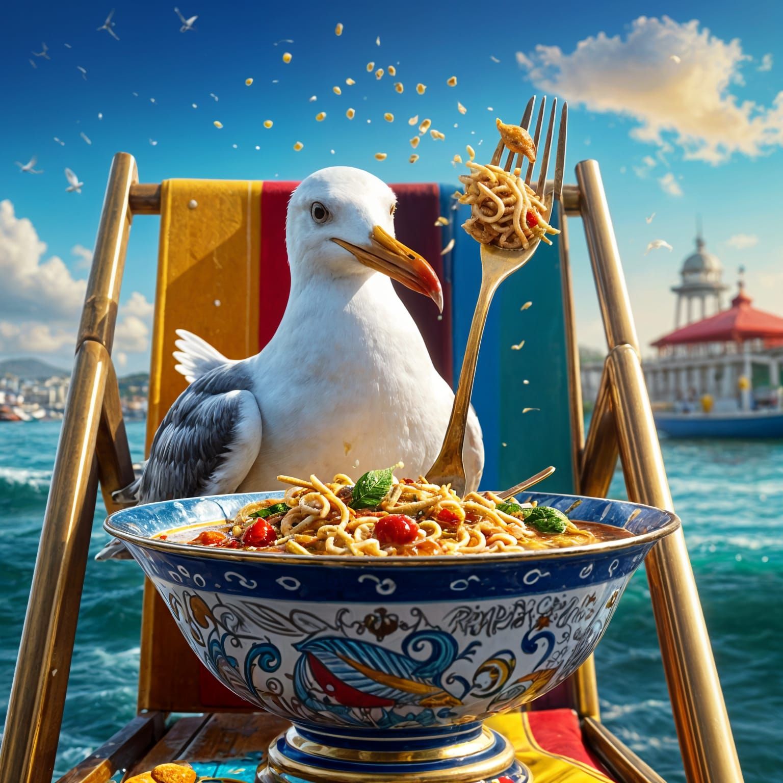 Happy seagull sits on a seaside deck chair. The large seagull eats a curry flavour Pot Noodle with a diamond and ruby encrusted gold fork