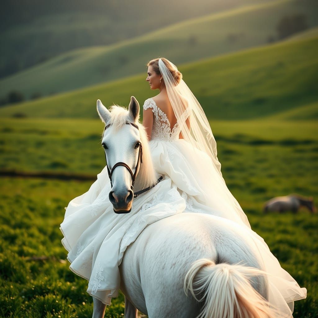 A beautiful bride  rides on the back of an all-white horse   by @Medi