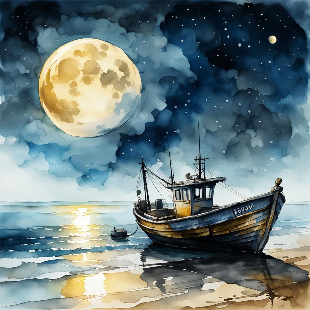 Fishing Boat on Moonlit Shore in Ink Wash Style
