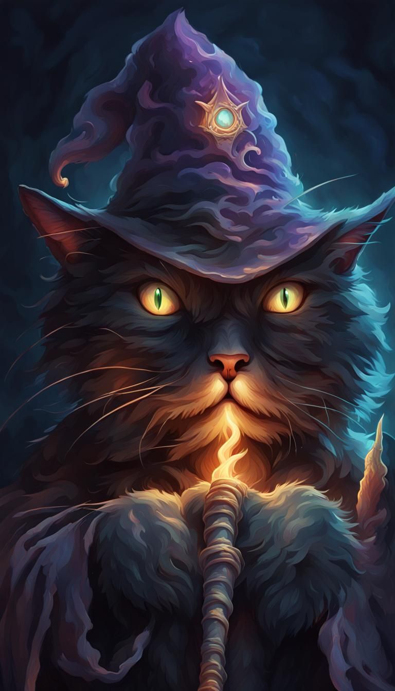Kitty Wizard Portrait in Dark Fantasy Psychedelic Style