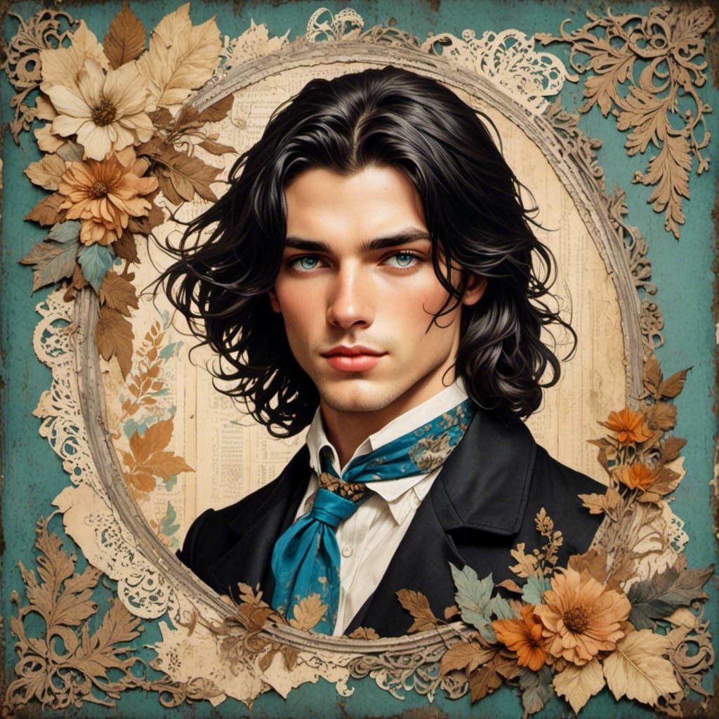 A young man with long black hair and blue eyes