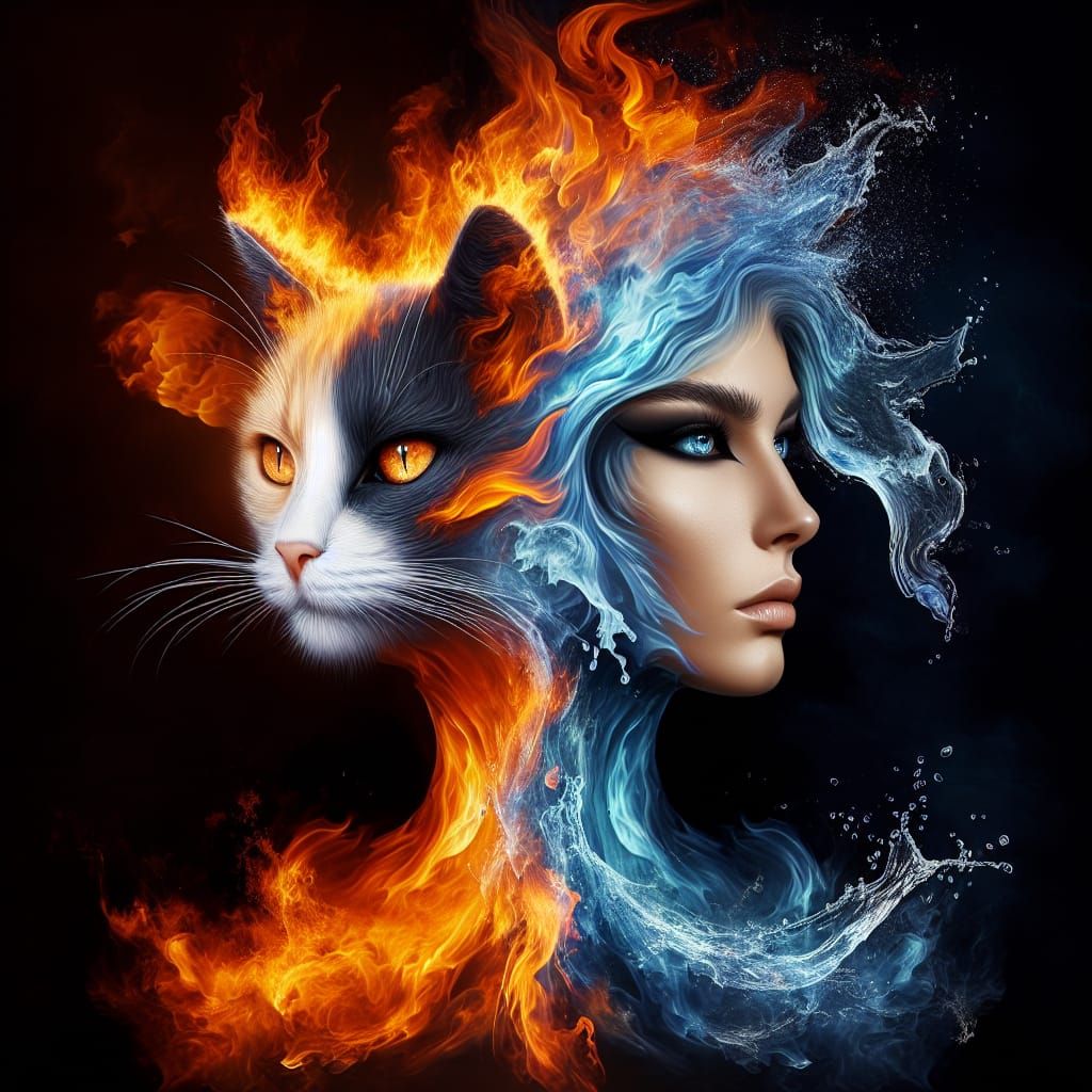 Fire and water become a cat woman. Perfectly united. An epic...