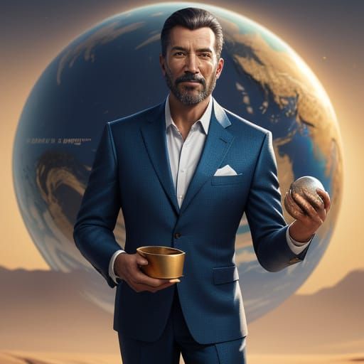 Man Joyfully Holds and Spins Planet Earth in Golden Hour Glo...