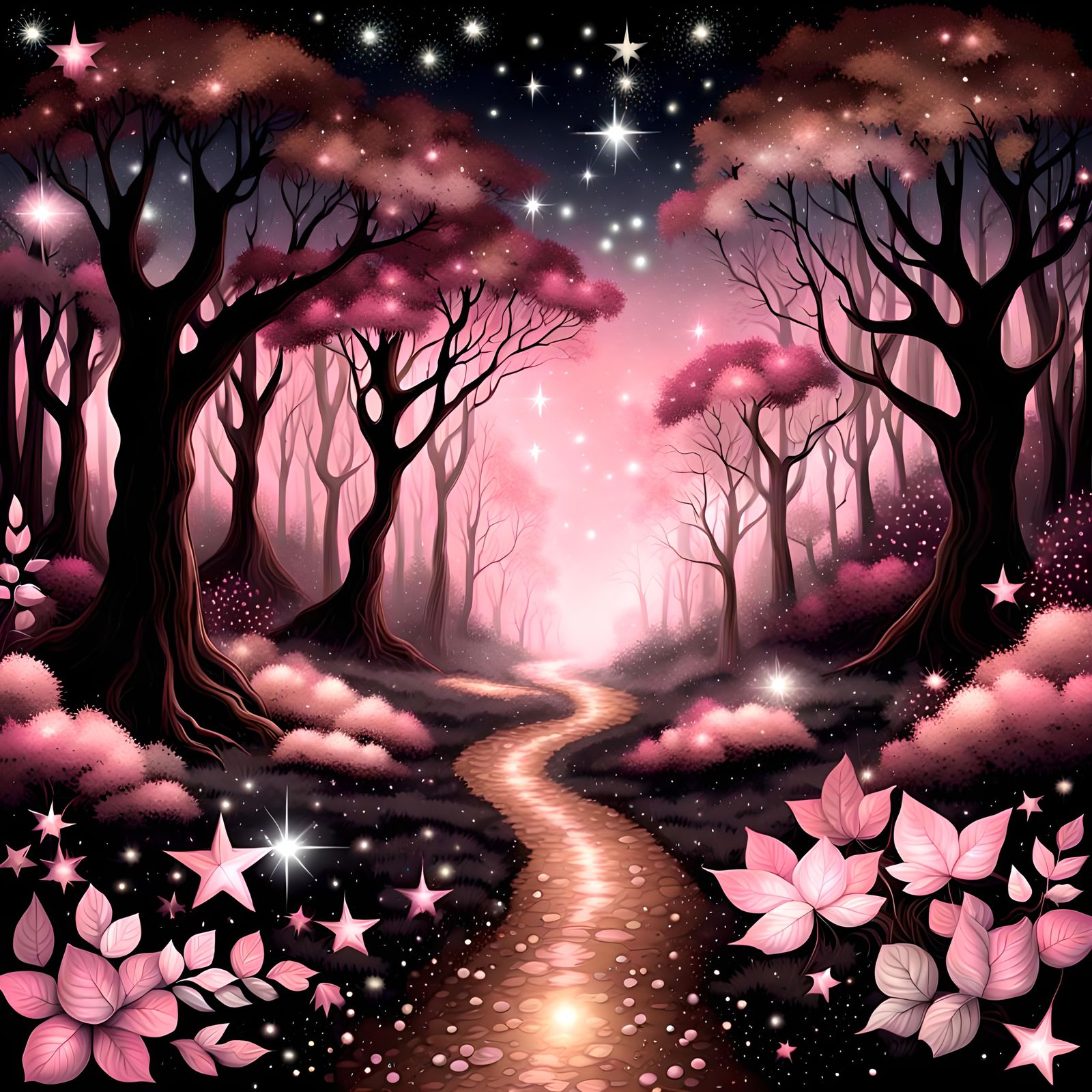 Palette pink and brown, Path through Fantasy fairy enchanted forest  by @Taralie