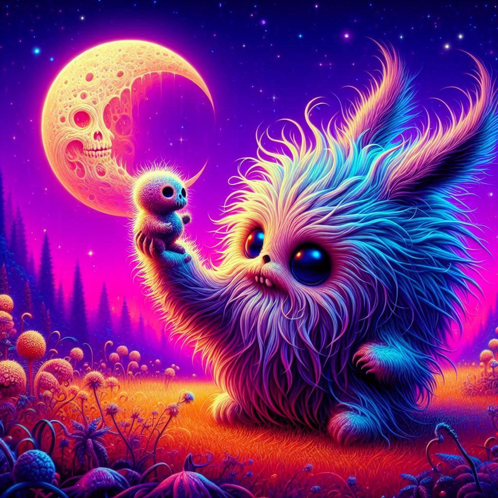 Surreal Algorithmic Visual Art of Skeletal Crescent Moon