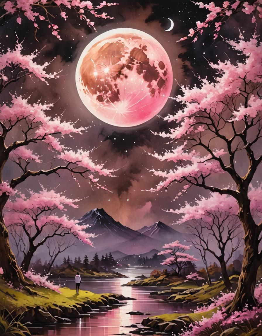 (magical watercolor artwork in brown and pink, The moon shines in the ...