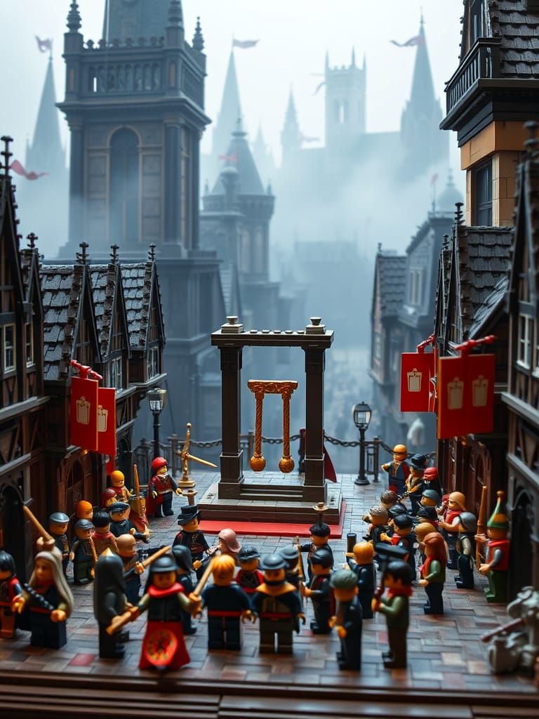 A tiny, detailed LEGO model of a medieval town square with a gallows up front, surrounded by tons of LEGO figures dressed in historical outf...